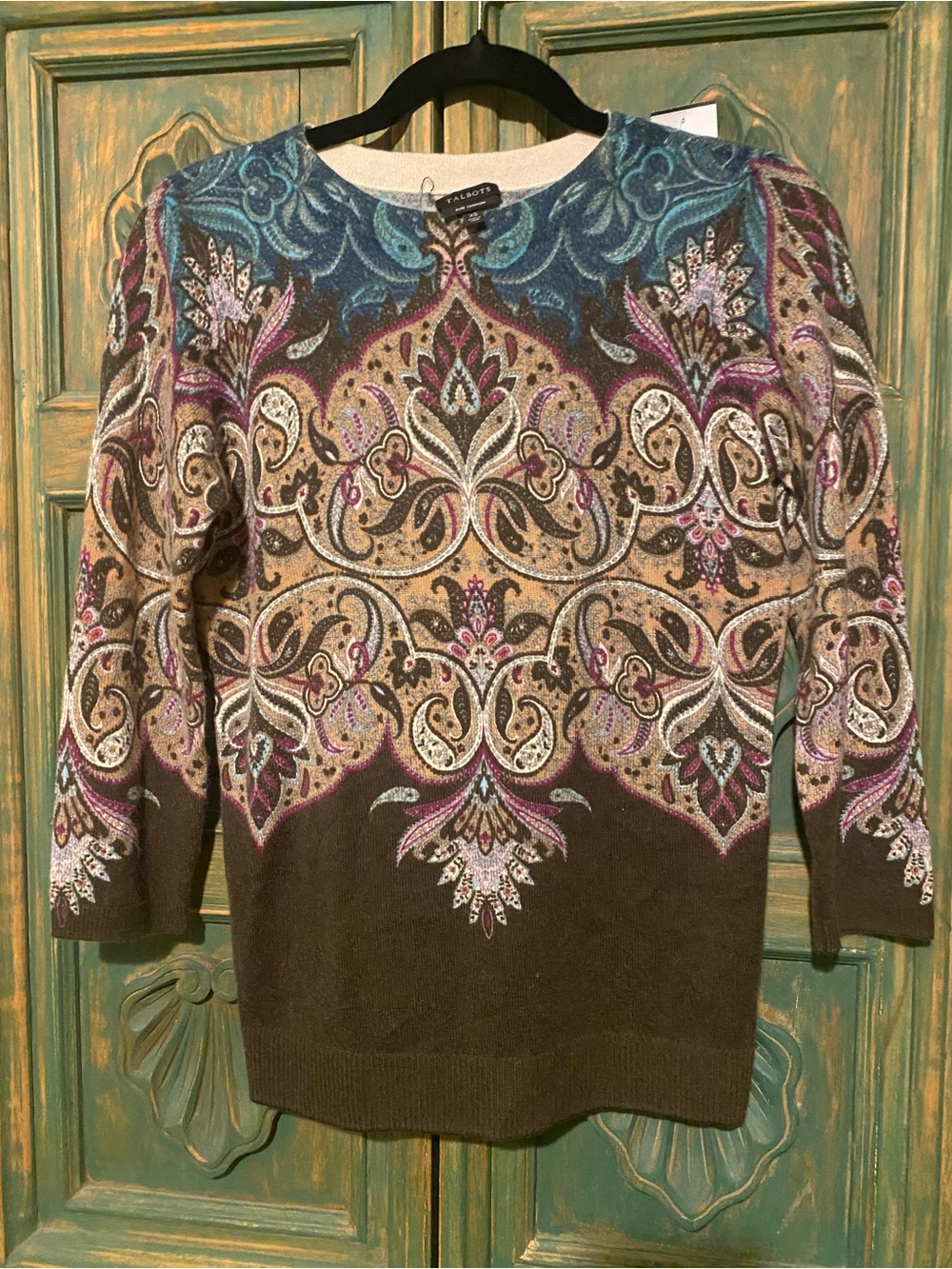 Talbots Multicolor Paisley Crewneck Sweater — Teal, Purple & Brown